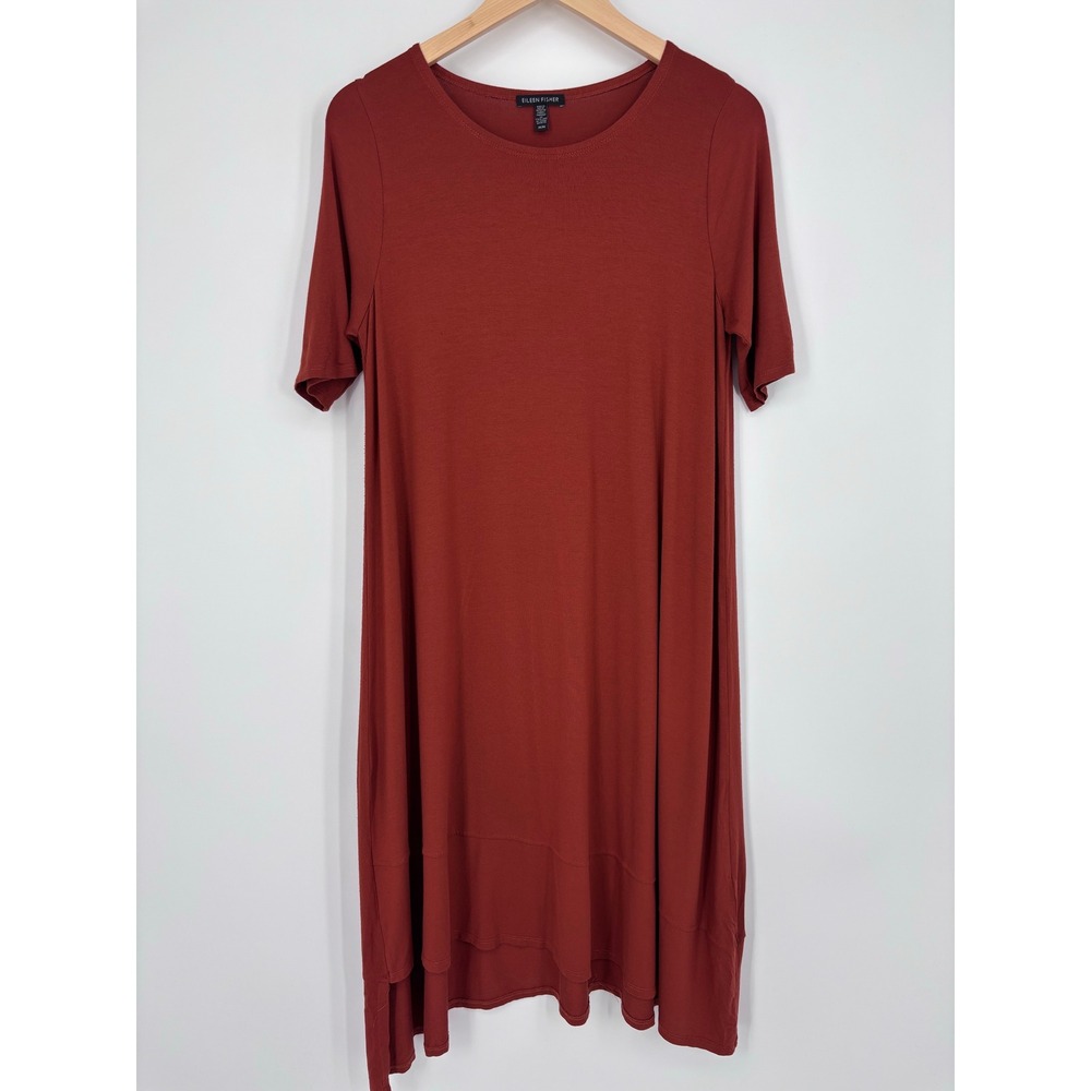 Eileen Fisher Jersey Shift Dress Womens M Brick Viscose Stretch Minimalist